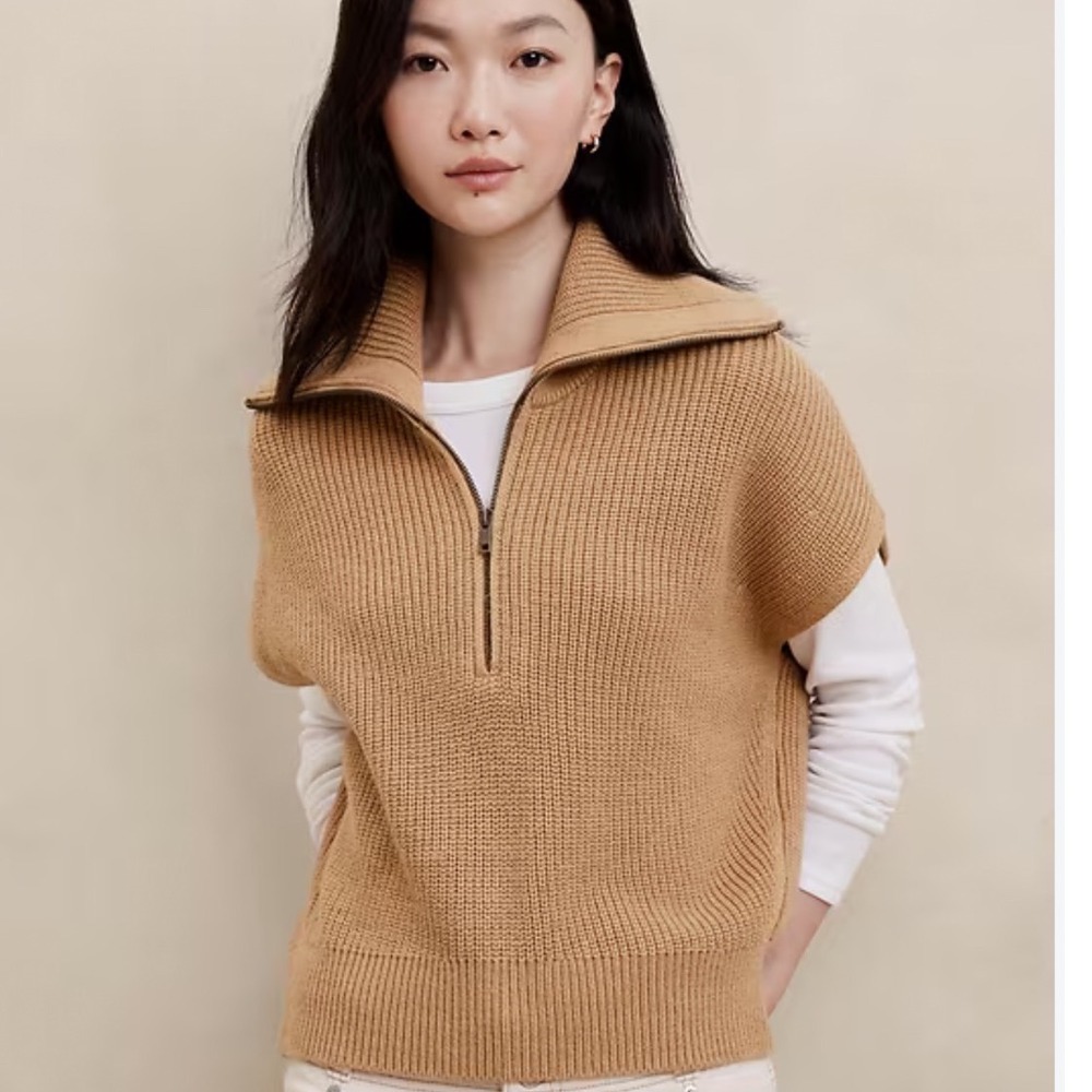 Banana Republic Ribbed Quarter ZIp Sweater Vest Brown Tan XL